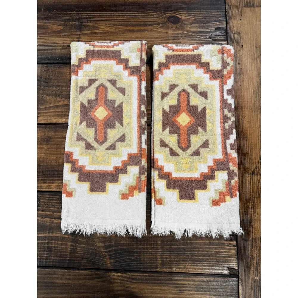 Vintage Southwest Bath Towels Pair Aztec Western Fringe Brown Rust 22x40 Retro 2